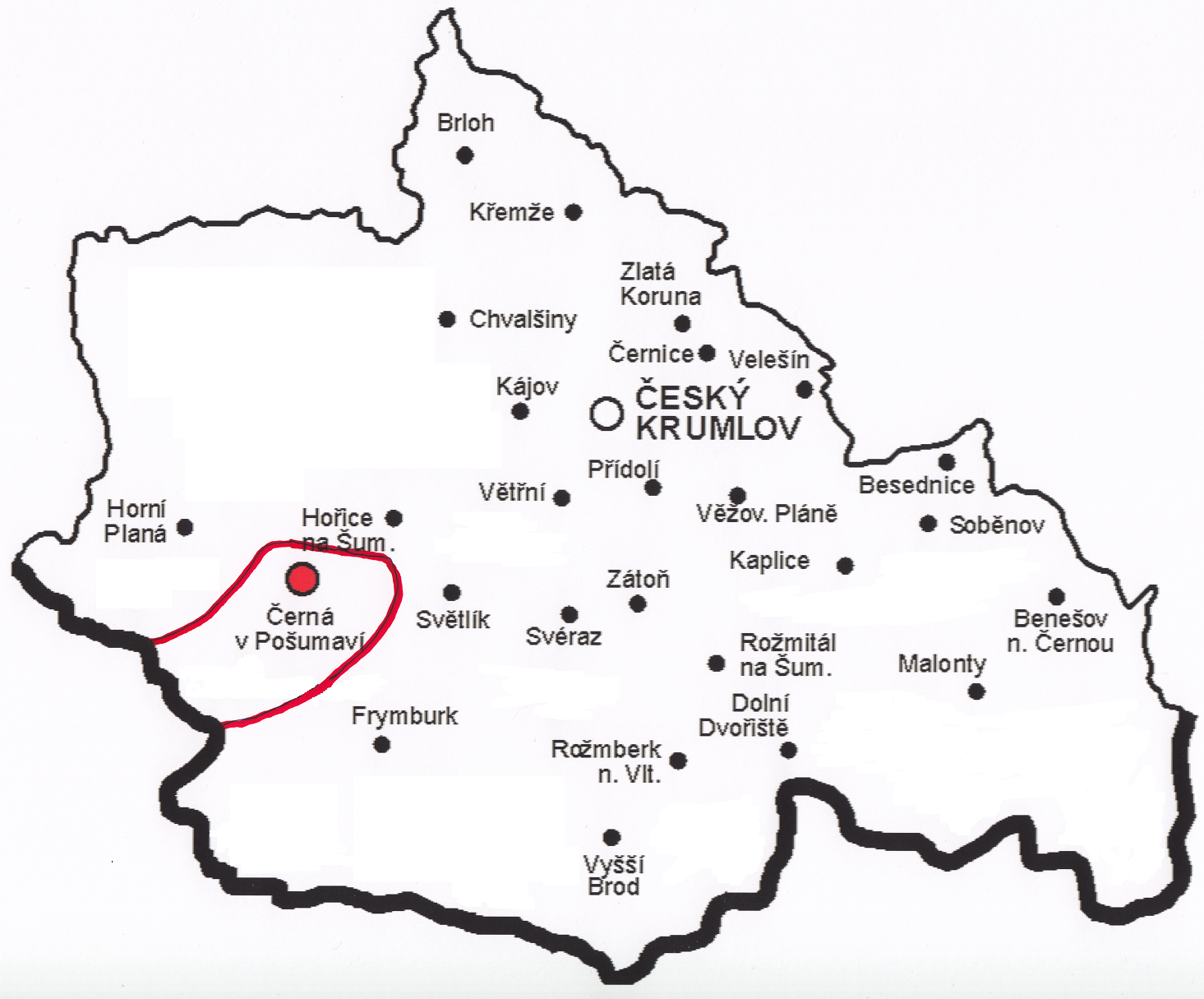 Černá v Pošumaví na mapce českokrumlovského vikariátu
